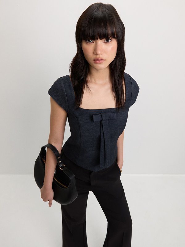 pomelo Pomelo Square Neck Bow Top - Indigo
