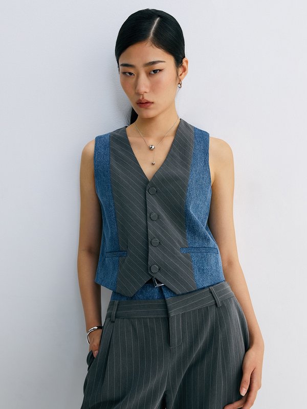 Pomelo Pomelo Stripe & Denim Vest - Blue