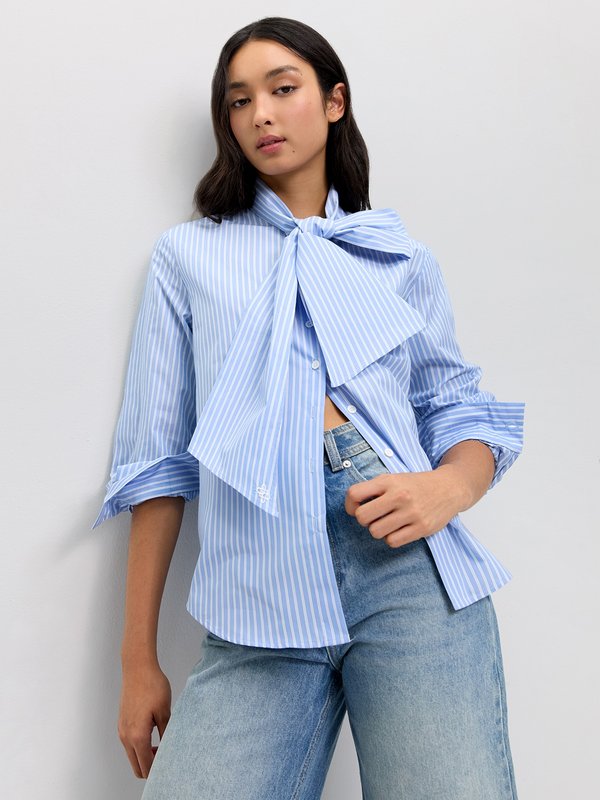 pomelo Pomelo Stripe Tie Front Shirt - Blue