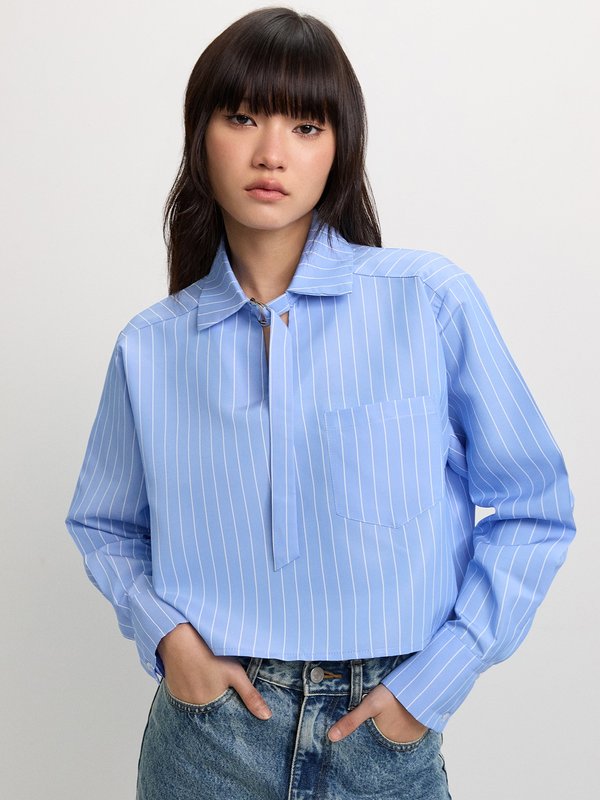 pomelo Pomelo Striped Belted Blouse - Baby Blue