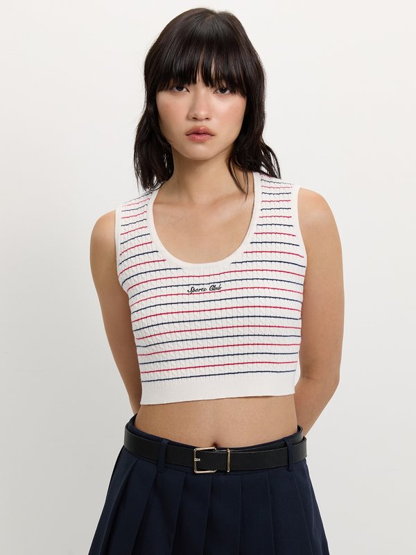 pomelo Pomelo Striped Knit Crop Top - White