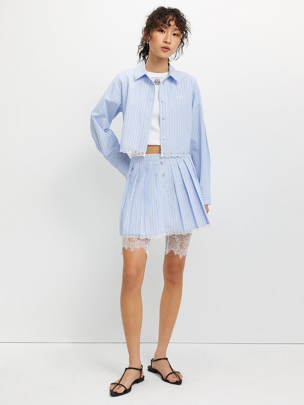 Pomelo Pomelo Striped Lace Trim Shirt - Light Blue