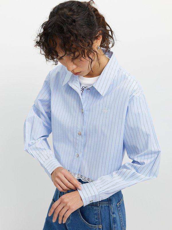 Pomelo Pomelo Striped Lace Trim Shirt - Light Blue