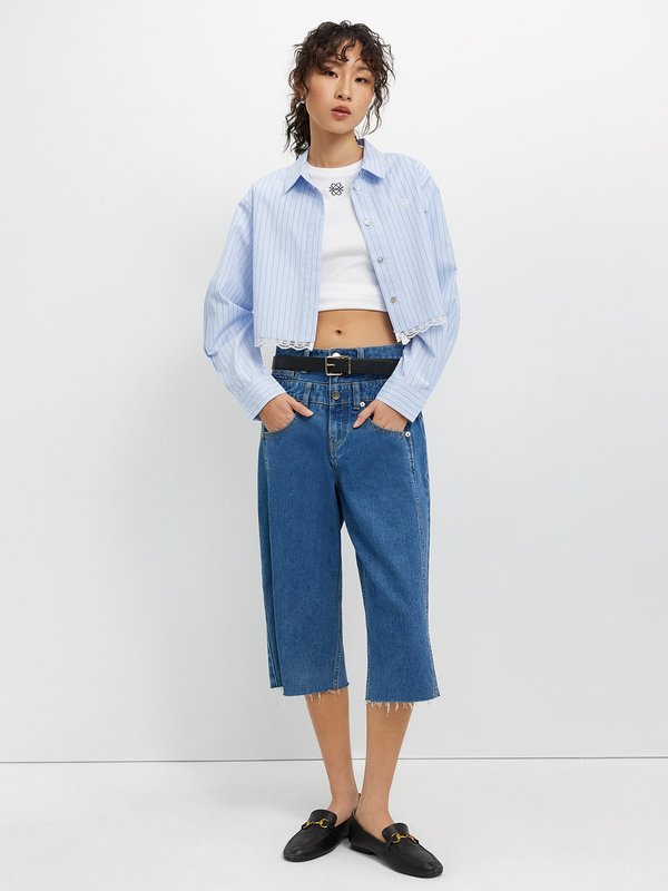 Pomelo Pomelo Striped Lace Trim Shirt - Light Blue