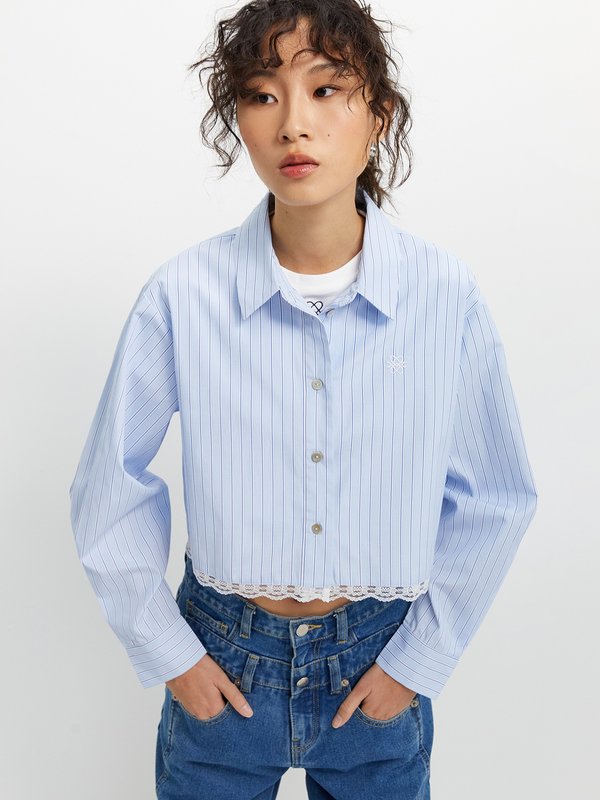 pomelo Pomelo Striped Lace Trim Shirt - Light Blue