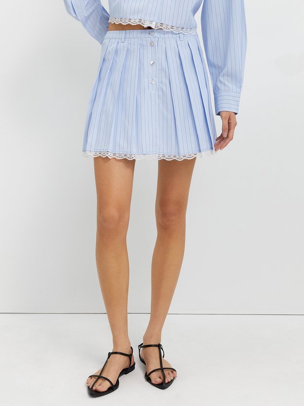 Pomelo Pomelo Striped Lace Trim Skirt - Light Blue