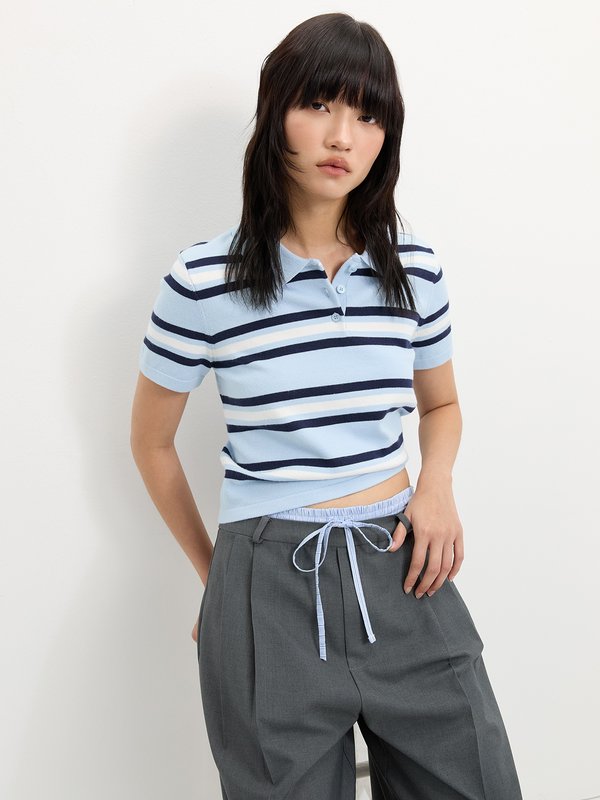 Pomelo Pomelo Striped Polo Top - Baby Blue