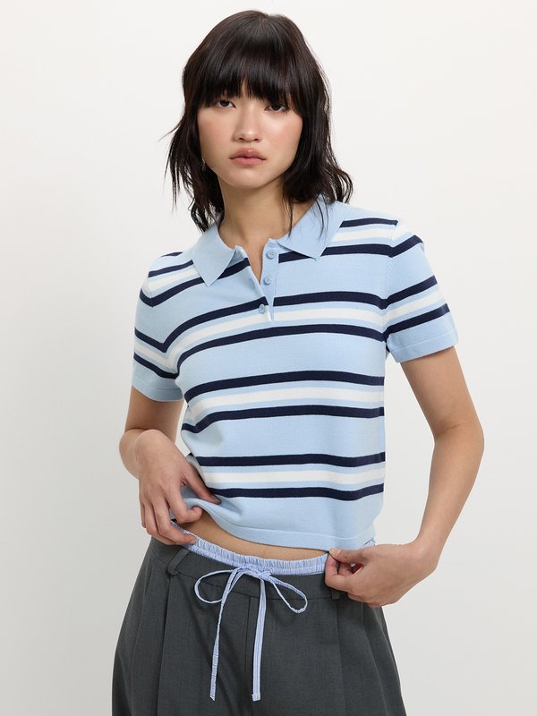 pomelo Pomelo Striped Polo Top - Baby Blue