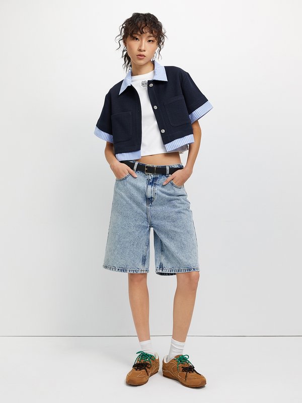 Pomelo Pomelo Striped Trim Top - Dark Navy