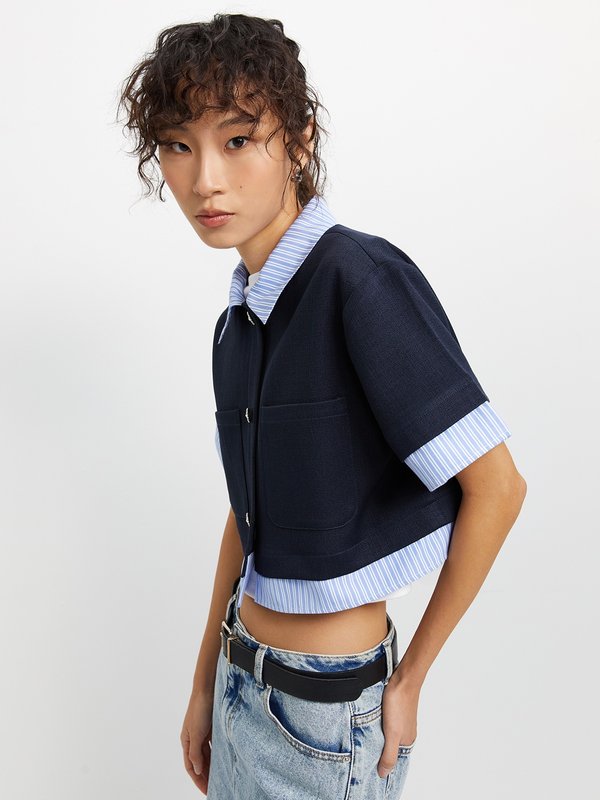 Pomelo Pomelo Striped Trim Top - Dark Navy