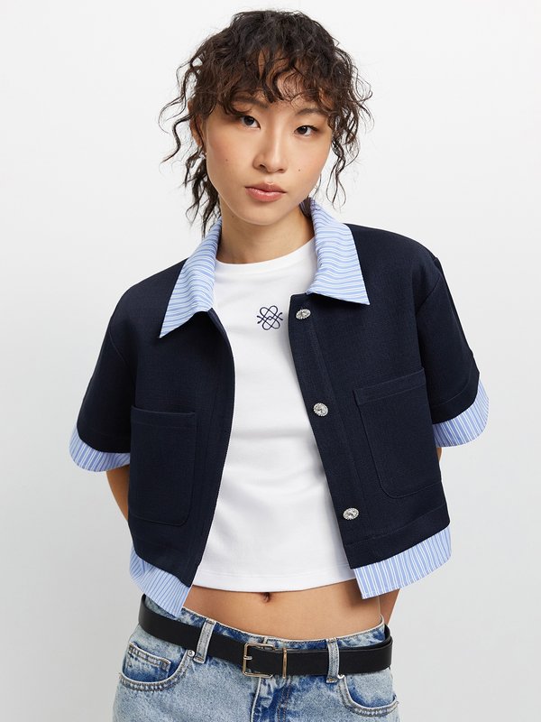 pomelo Pomelo Striped Trim Top - Dark Navy