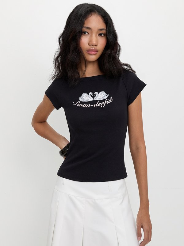 Pomelo Pomelo Swan Embroidery Baby Tee - Black