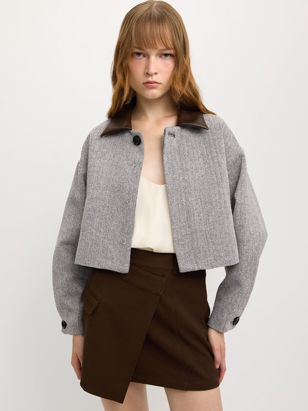 Pomelo Pomelo Textured Oversized Crop Jacket - Brown