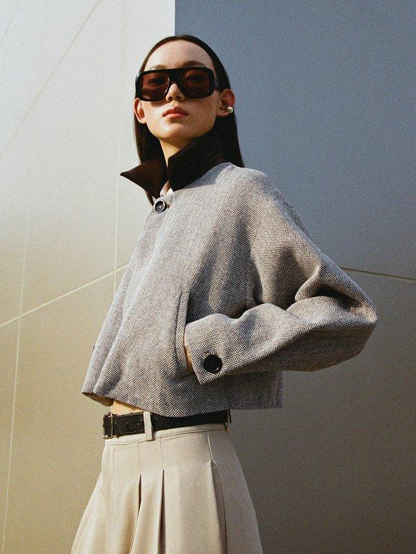 pomelo Pomelo Textured Oversized Crop Jacket - Brown