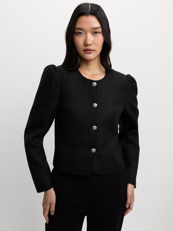 pomelo Pomelo Textured Puff Sleeve Jacket - Black