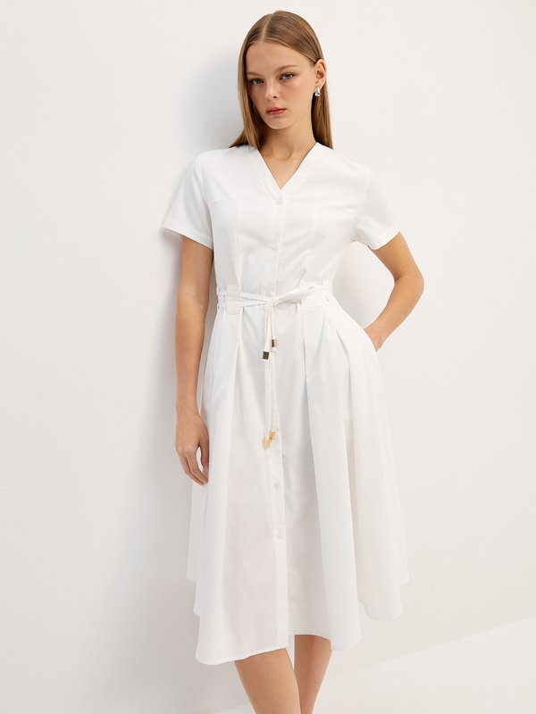 pomelo Pomelo Tie-Belt Midi Dress - White