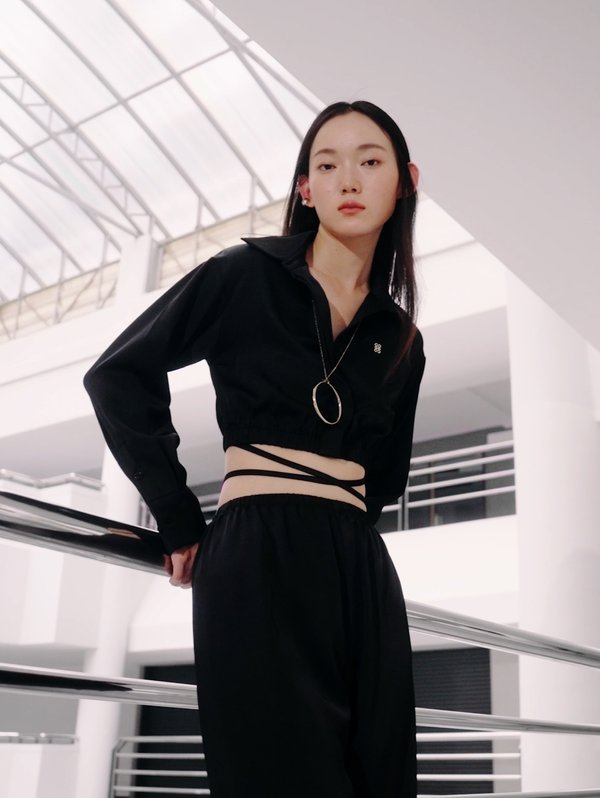 Pomelo Pomelo Tie-Up Crop Shirt - Black