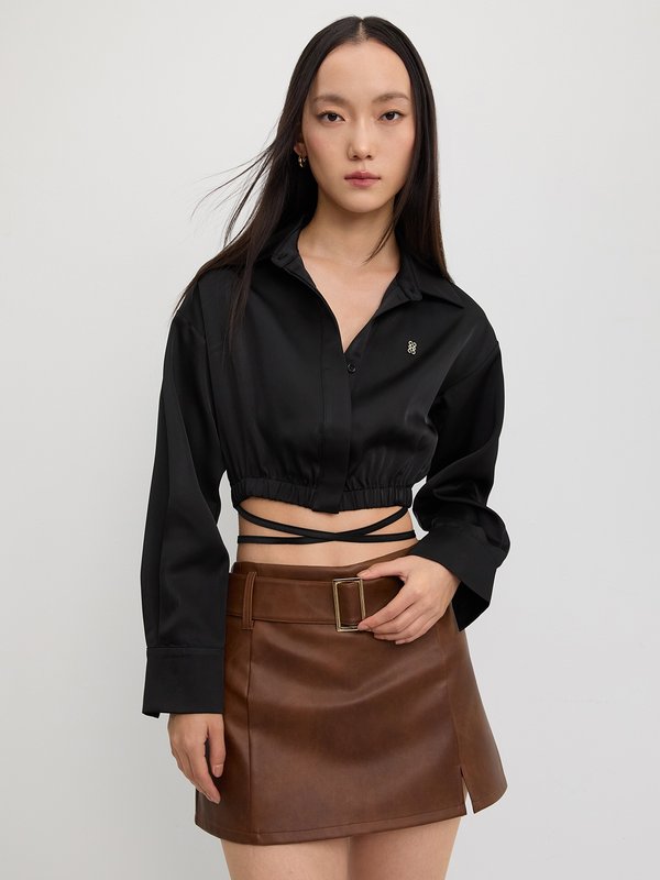 Pomelo Pomelo Tie-Up Crop Shirt - Black