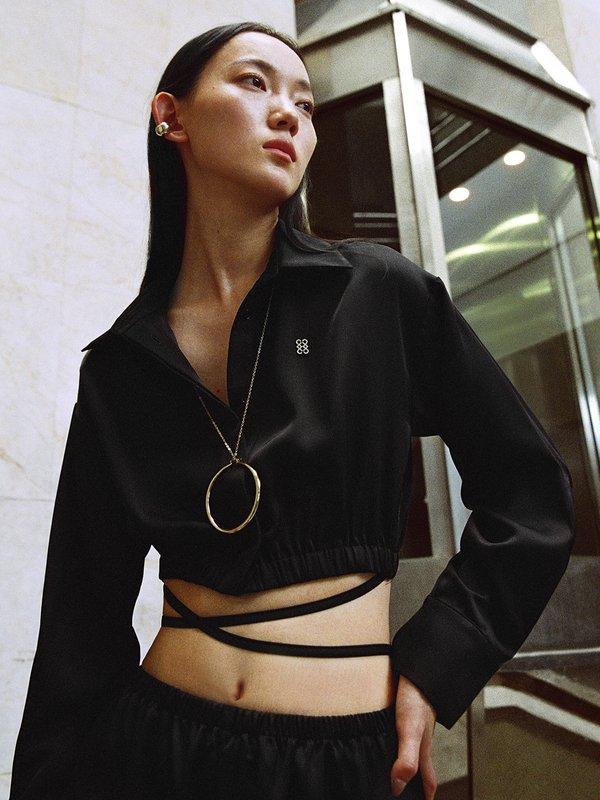 pomelo Pomelo Tie-Up Crop Shirt - Black