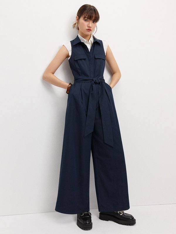 Pomelo Pomelo Tie Waist Jumpsuit - Navy