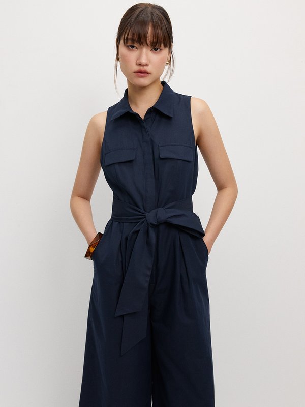 pomelo Pomelo Tie Waist Jumpsuit - Navy