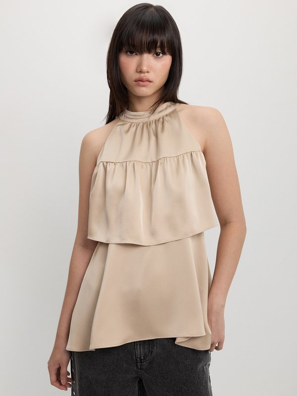 Pomelo Pomelo Tiered Ruffles Halter Top - Beige