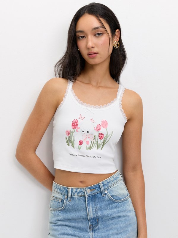 pomelo Pomelo Tulip Lace Crop Top - White