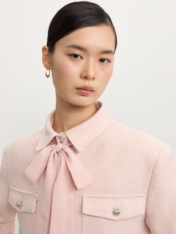 Pomelo Pomelo Tweed Bow Tie Blazer - Light Pink