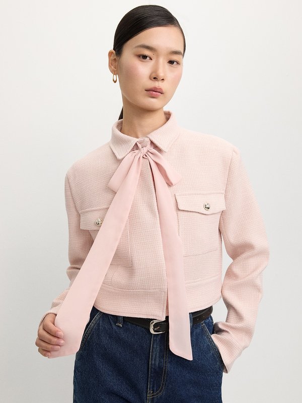 pomelo Pomelo Tweed Bow Tie Blazer - Light Pink