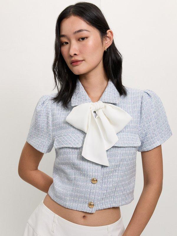 Pomelo Pomelo Tweed Bow Tie Top - Baby Blue