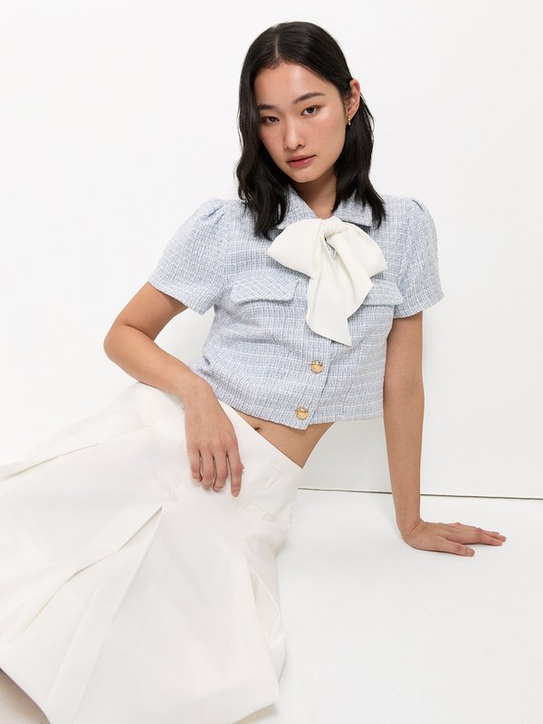 pomelo Pomelo Tweed Bow Tie Top - Baby Blue