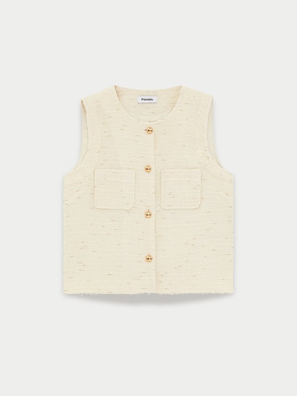 pomelo Pomelo Tweed Button Front Top - Cream