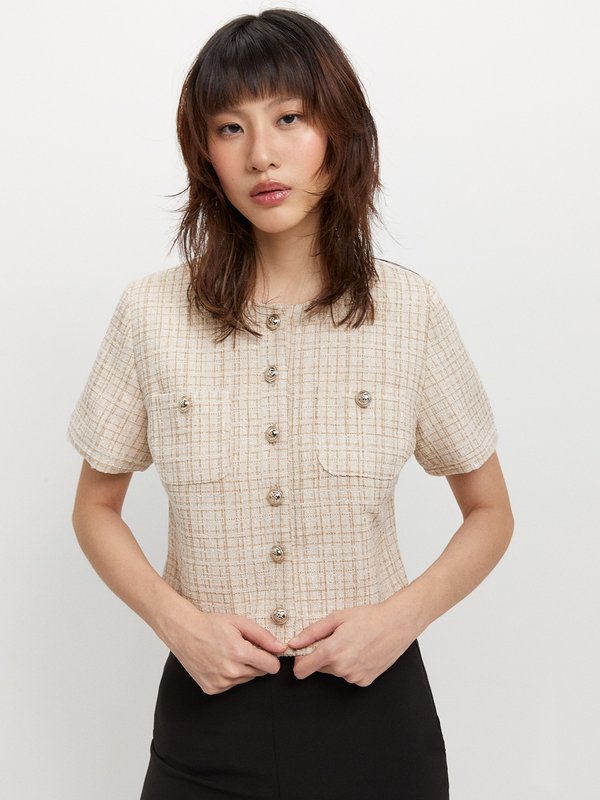 pomelo Pomelo Tweed Button-Up Blouse - Beige