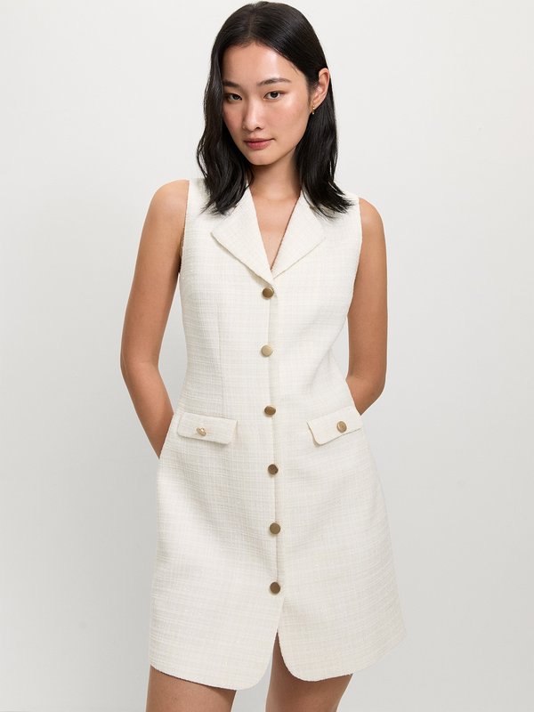 pomelo Pomelo Tweed Collared Dress- Off-White
