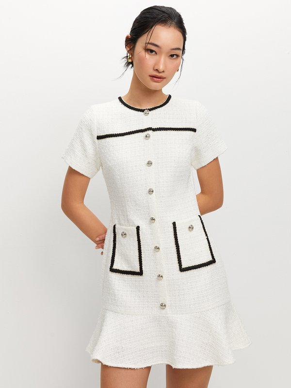 Pomelo Pomelo Tweed Contrast Trim Dress - Nude