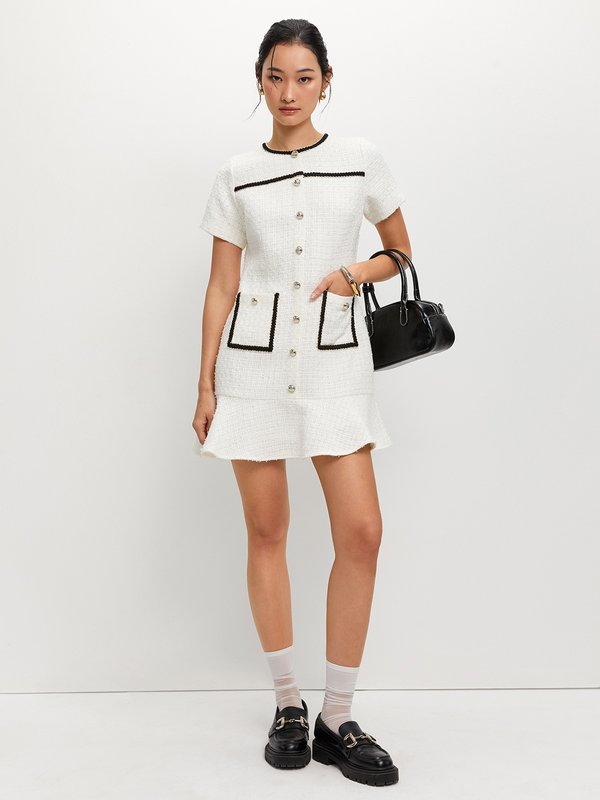 pomelo Pomelo Tweed Contrast Trim Dress - Nude