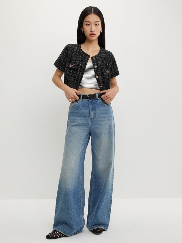 Pomelo Pomelo Tweed Crop Top - Black