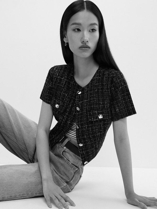 Pomelo Pomelo Tweed Crop Top - Black