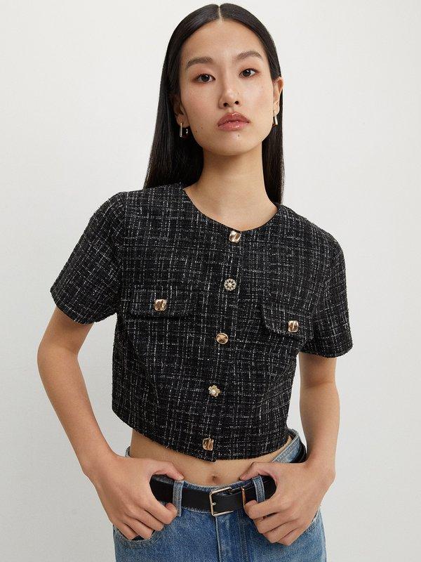 pomelo Pomelo Tweed Crop Top - Black