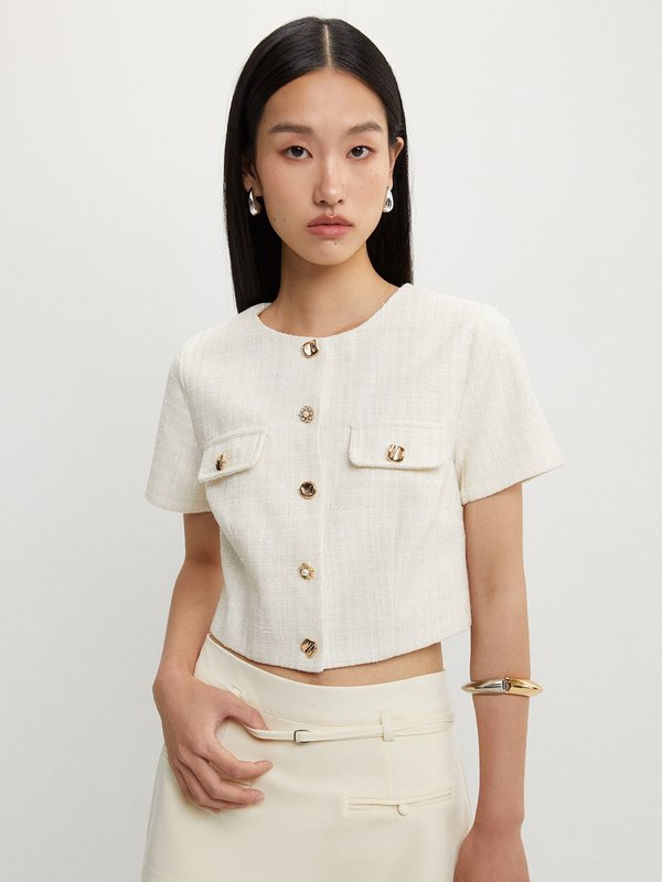 pomelo Pomelo Tweed Crop Top - Cream