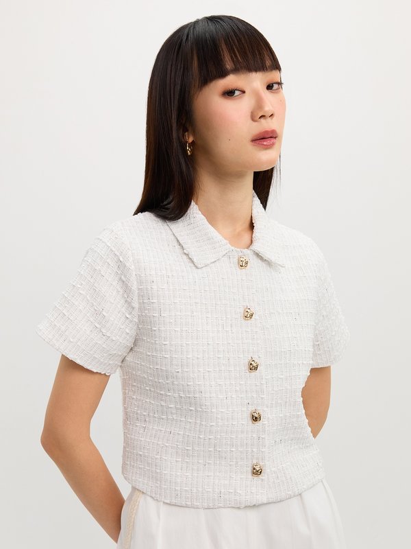 pomelo Pomelo Tweed Crop Top - White