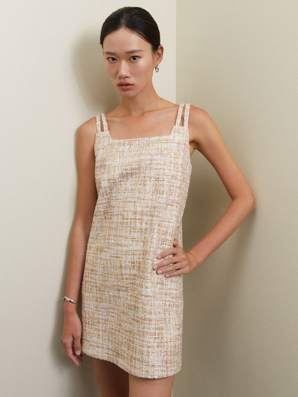 pomelo Pomelo Tweed Double Strap Dress - Beige