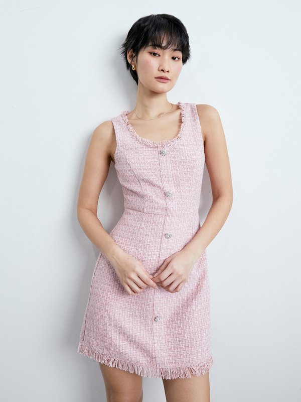 pomelo Pomelo Tweed Frilled Hem Mini Dress - Pink