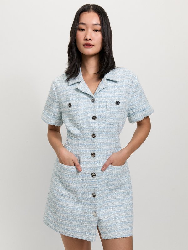 pomelo Pomelo Tweed Front Pocket Dress - Baby Blue