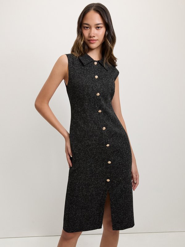 pomelo Pomelo Tweed Front Slit Dress - Black