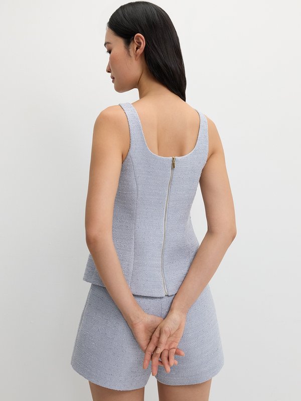 Pomelo Pomelo Tweed Front Slit Top - Light Blue