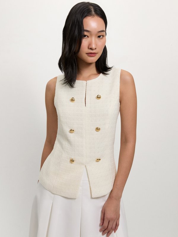 pomelo Pomelo Tweed Front Slit Vest - Ivory