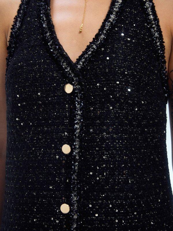 Pomelo Pomelo Tweed Halter Button Mini Dress - Black