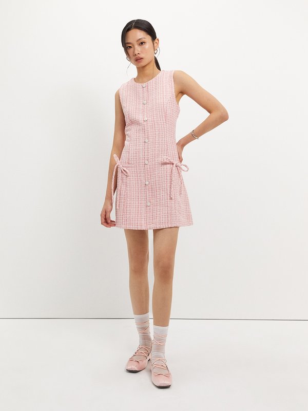 Pomelo Pomelo Tweed Pearl Button Bow Dress - Pink