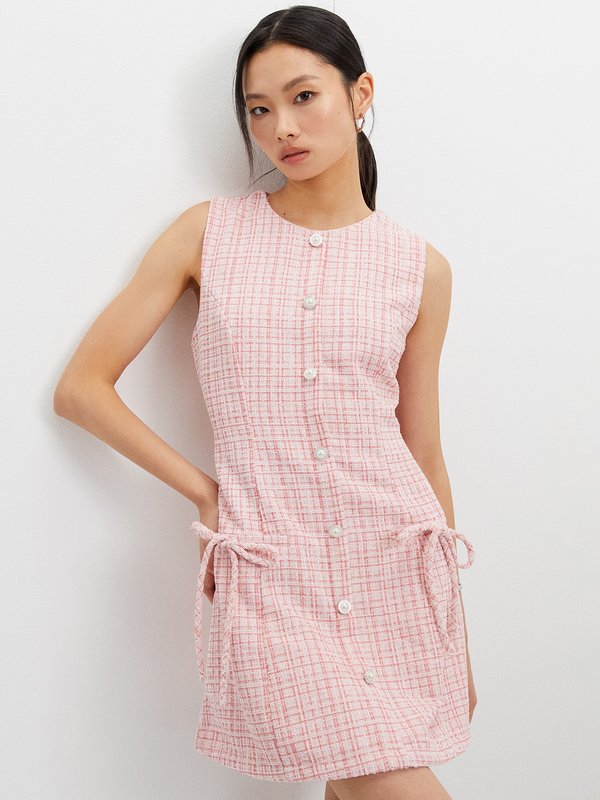 pomelo Pomelo Tweed Pearl Button Bow Dress - Pink